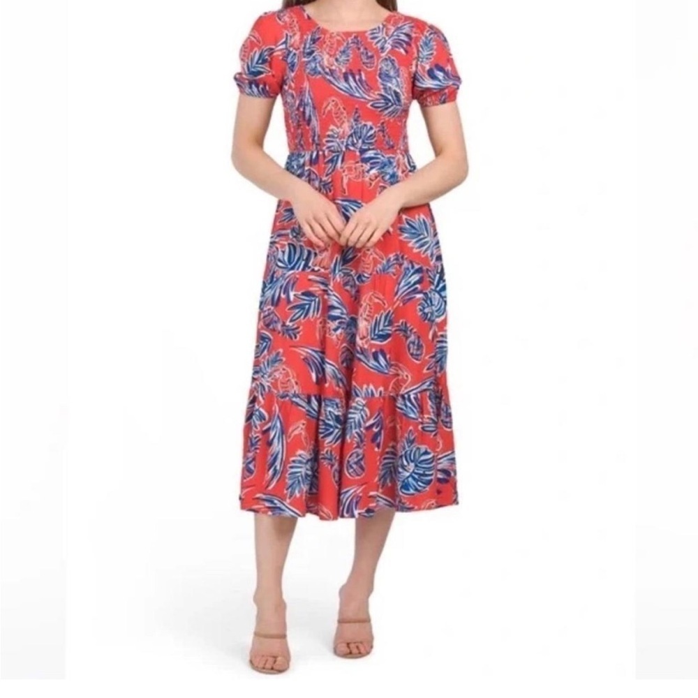 Sincerely Jules Floral Resort Tropical Print Puff Sleeve Smocked Maxi Dress Sz S